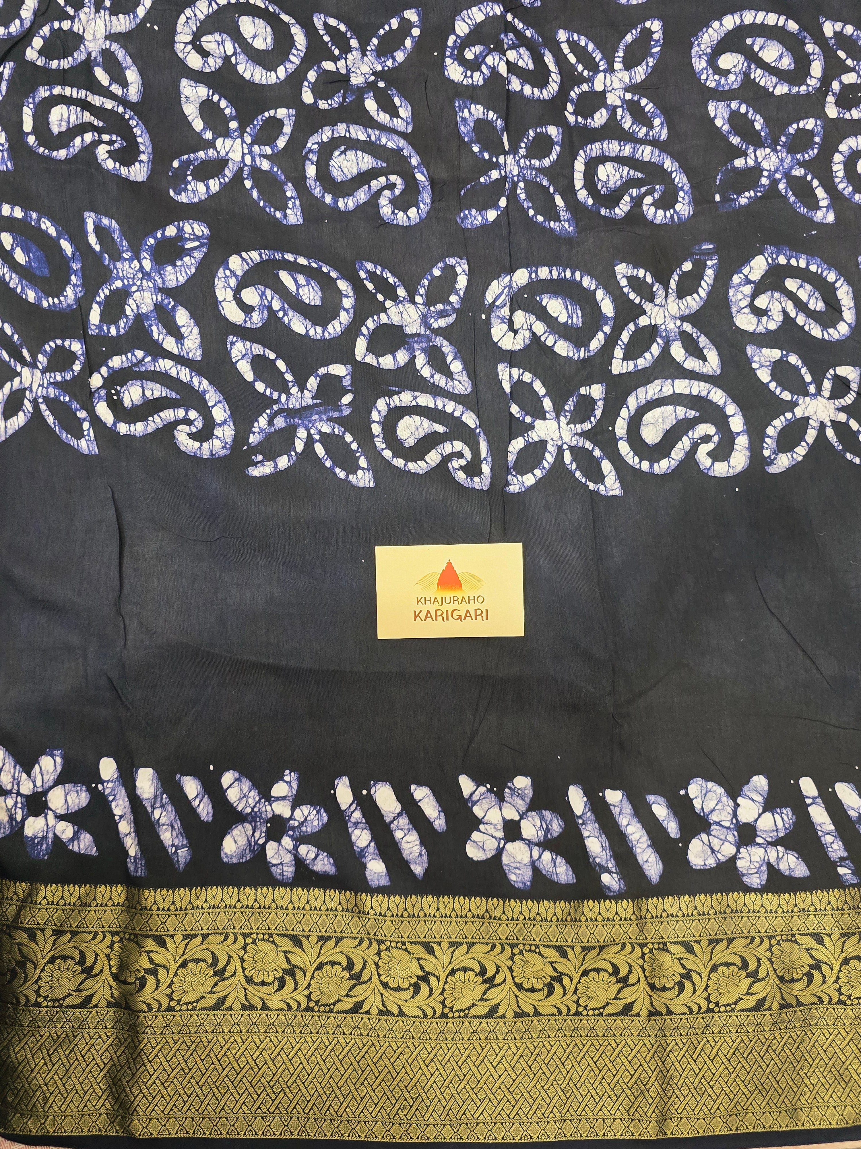Handcrafted Ujjain Batik Dola Silk Saree | Navy Blue