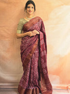 Handcrafted Ujjain Batik Dola Silk Saree | Brown