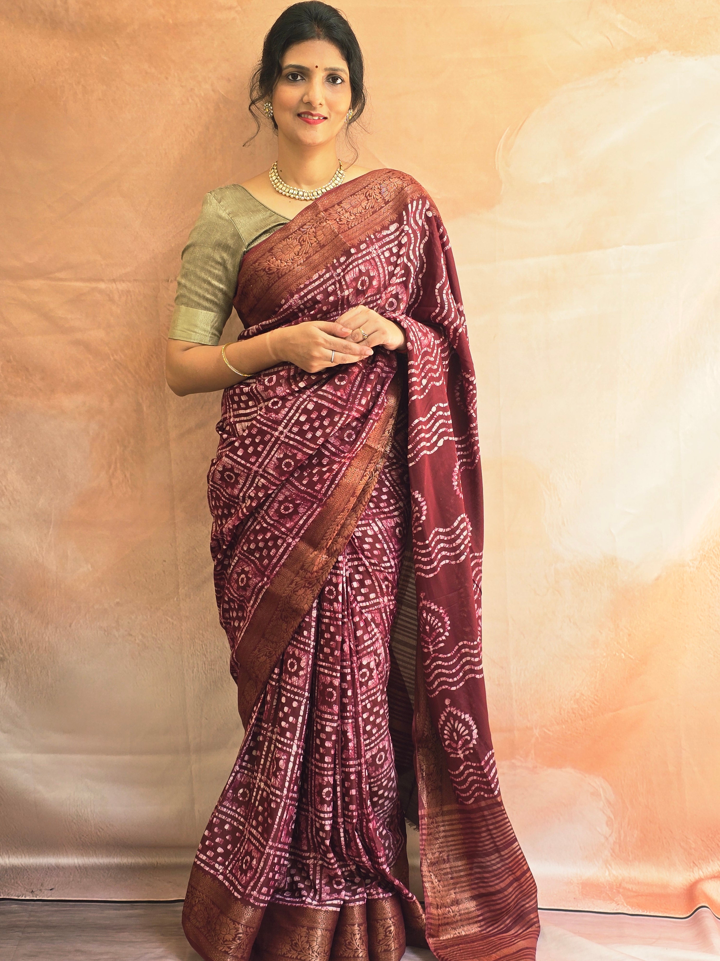 Handcrafted Ujjain Batik Dola Silk Saree | Brown