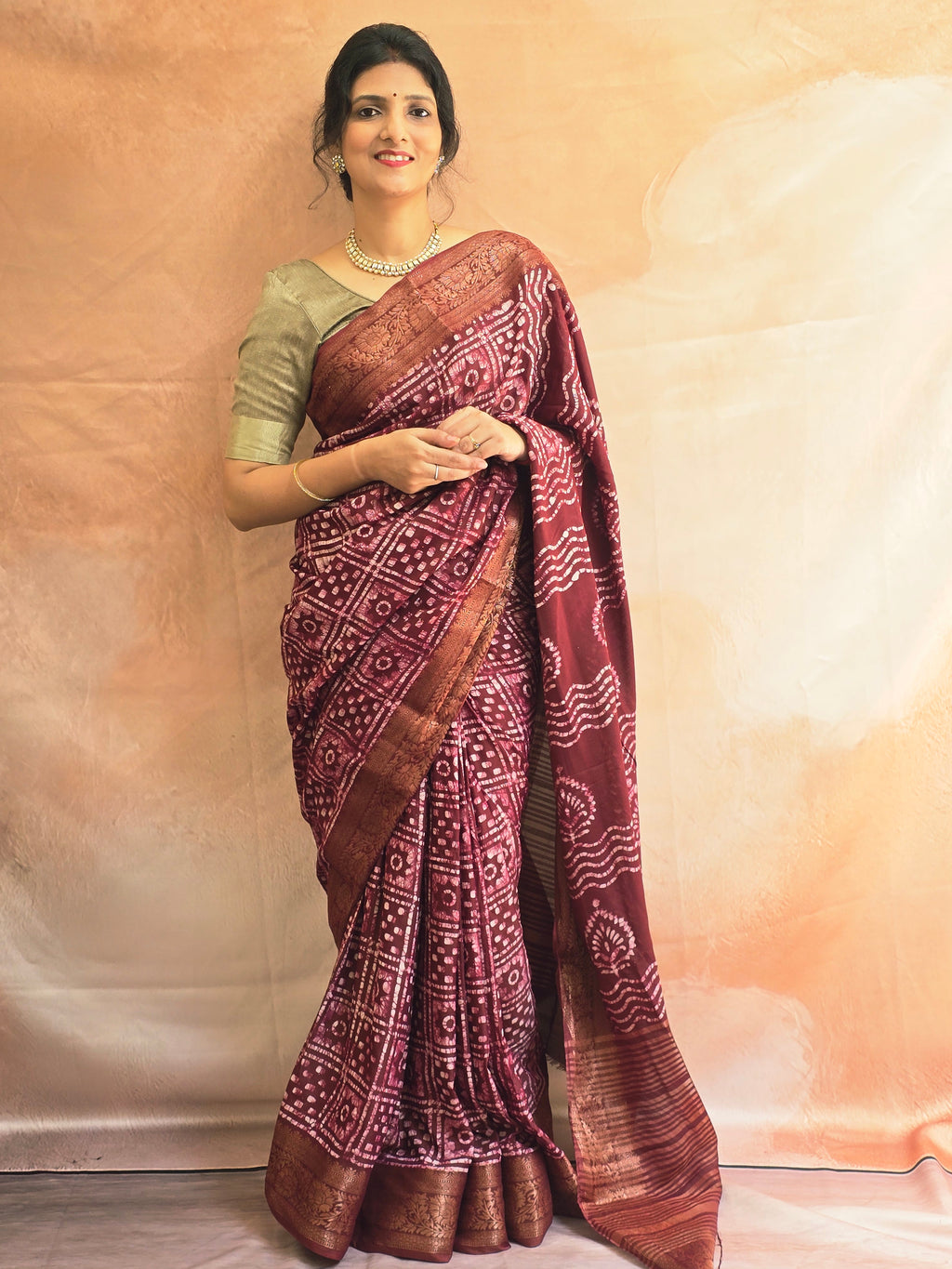Handcrafted Ujjain Batik Dola Silk Saree | Brown