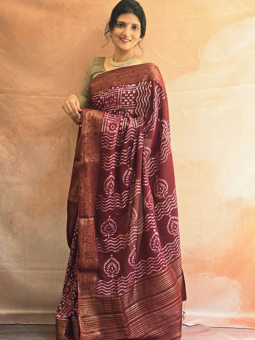 Handcrafted Ujjain Batik Dola Silk Saree | Brown