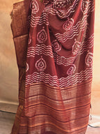 Handcrafted Ujjain Batik Dola Silk Saree | Brown