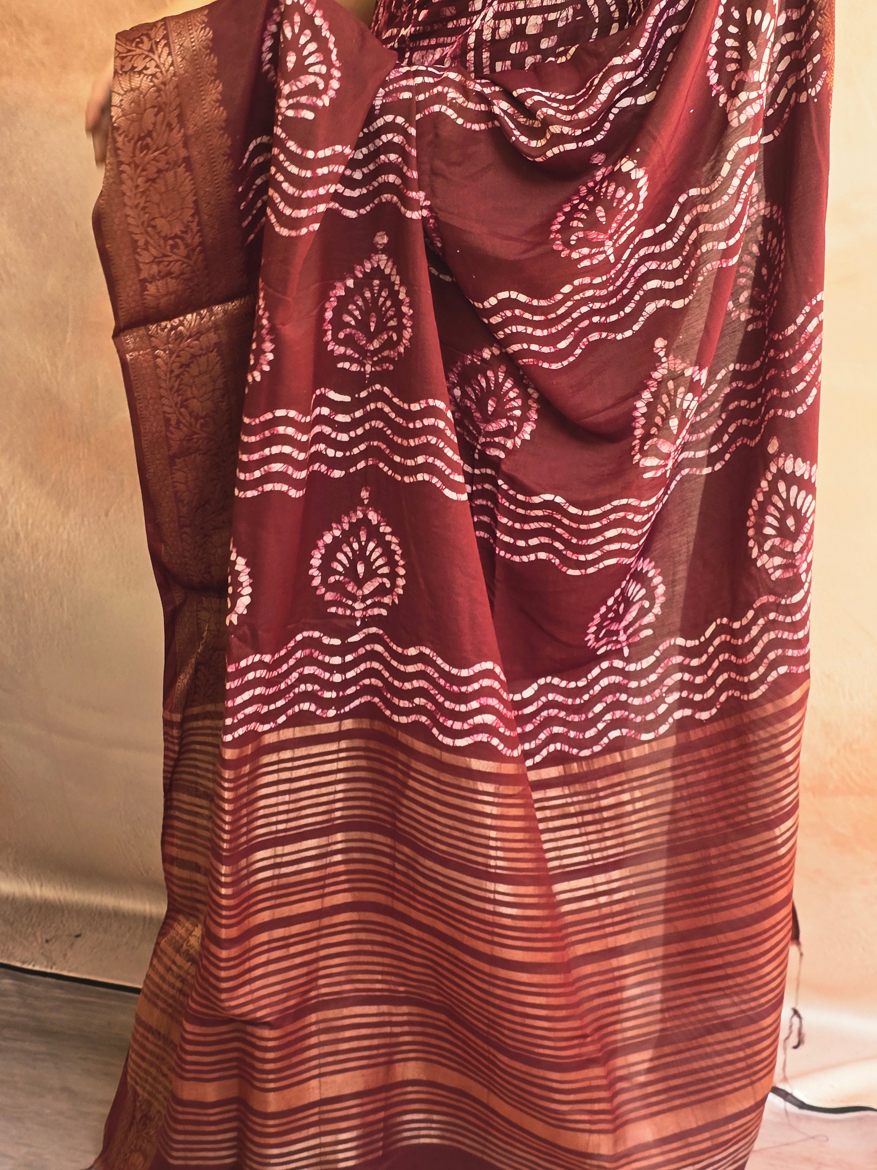 Handcrafted Ujjain Batik Dola Silk Saree | Brown