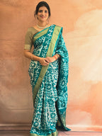 Handcrafted Ujjain Batik Dola Silk Saree | Sea Green