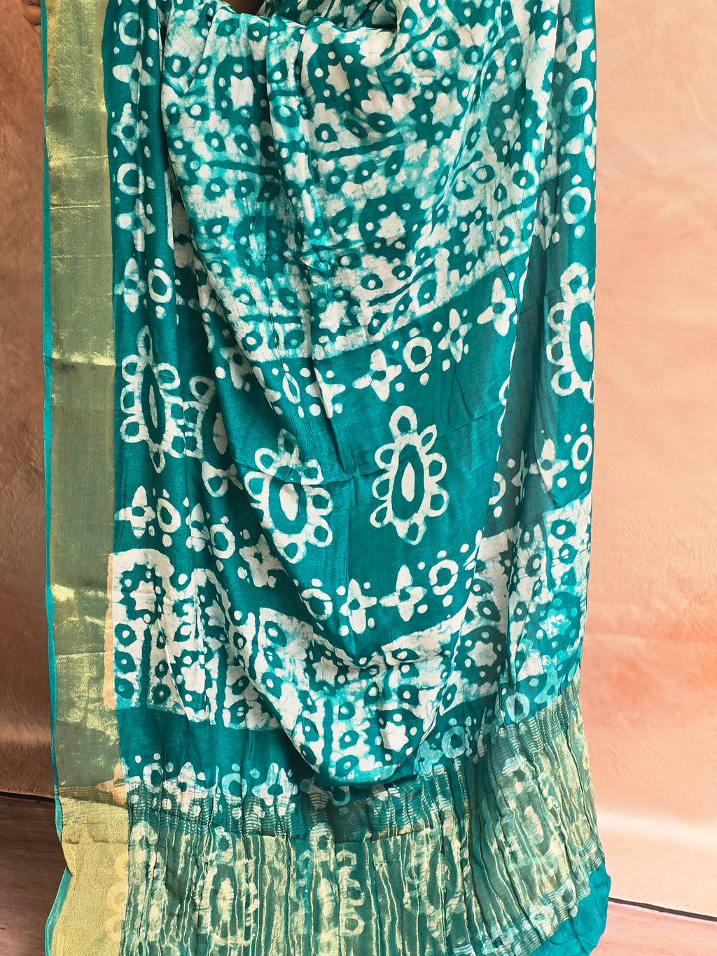 Handcrafted Ujjain Batik Dola Silk Saree | Sea Green
