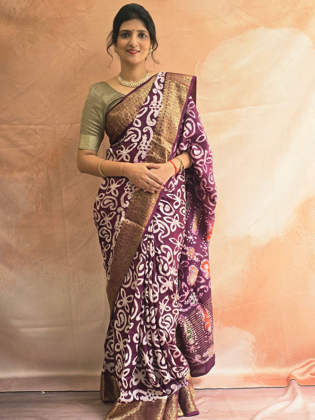 Batik Print Brown Dola Silk Sare