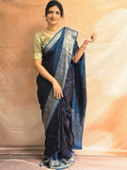 Bagh Hand Block Printed Dola Silk Saree | Blue Black