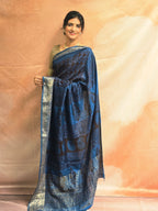 Bagh Hand Block Printed Dola Silk Saree | Blue Black