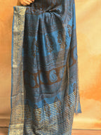 Bagh Hand Block Printed Dola Silk Saree | Blue Black