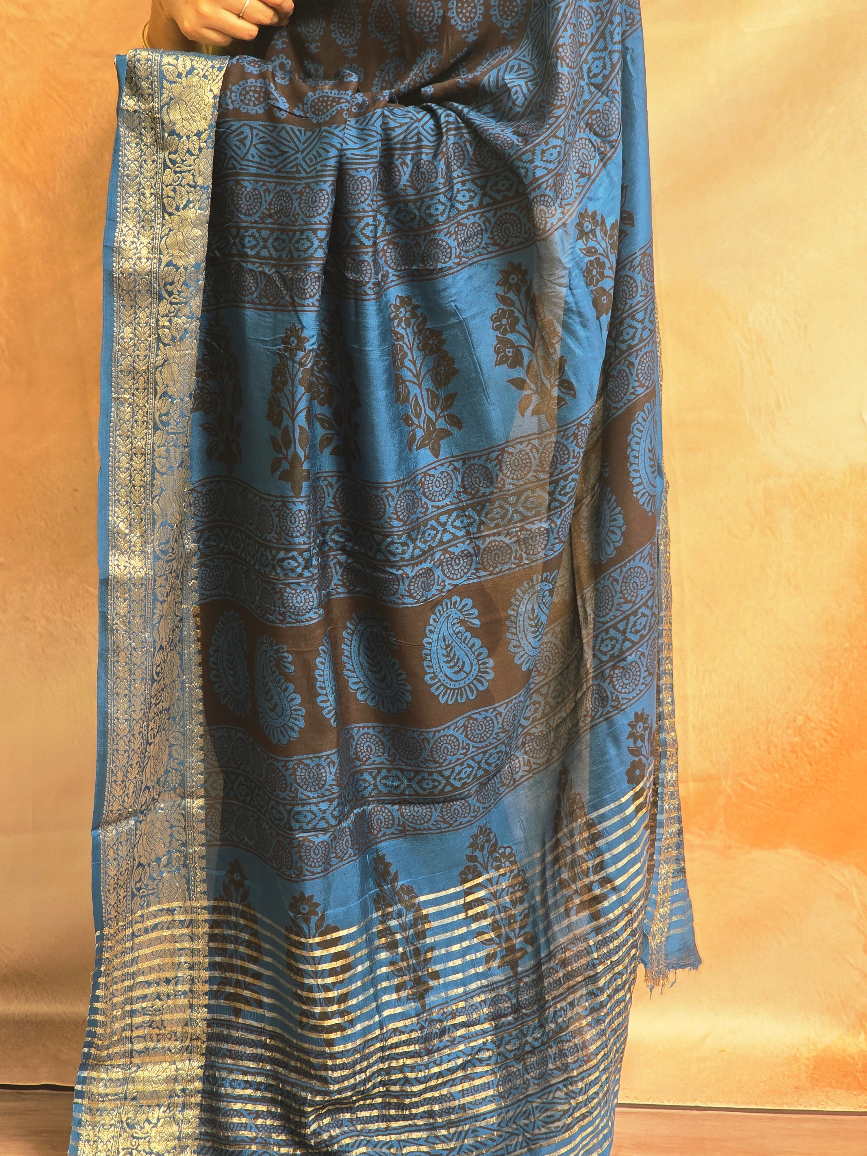 Bagh Hand Block Printed Dola Silk Saree | Blue Black
