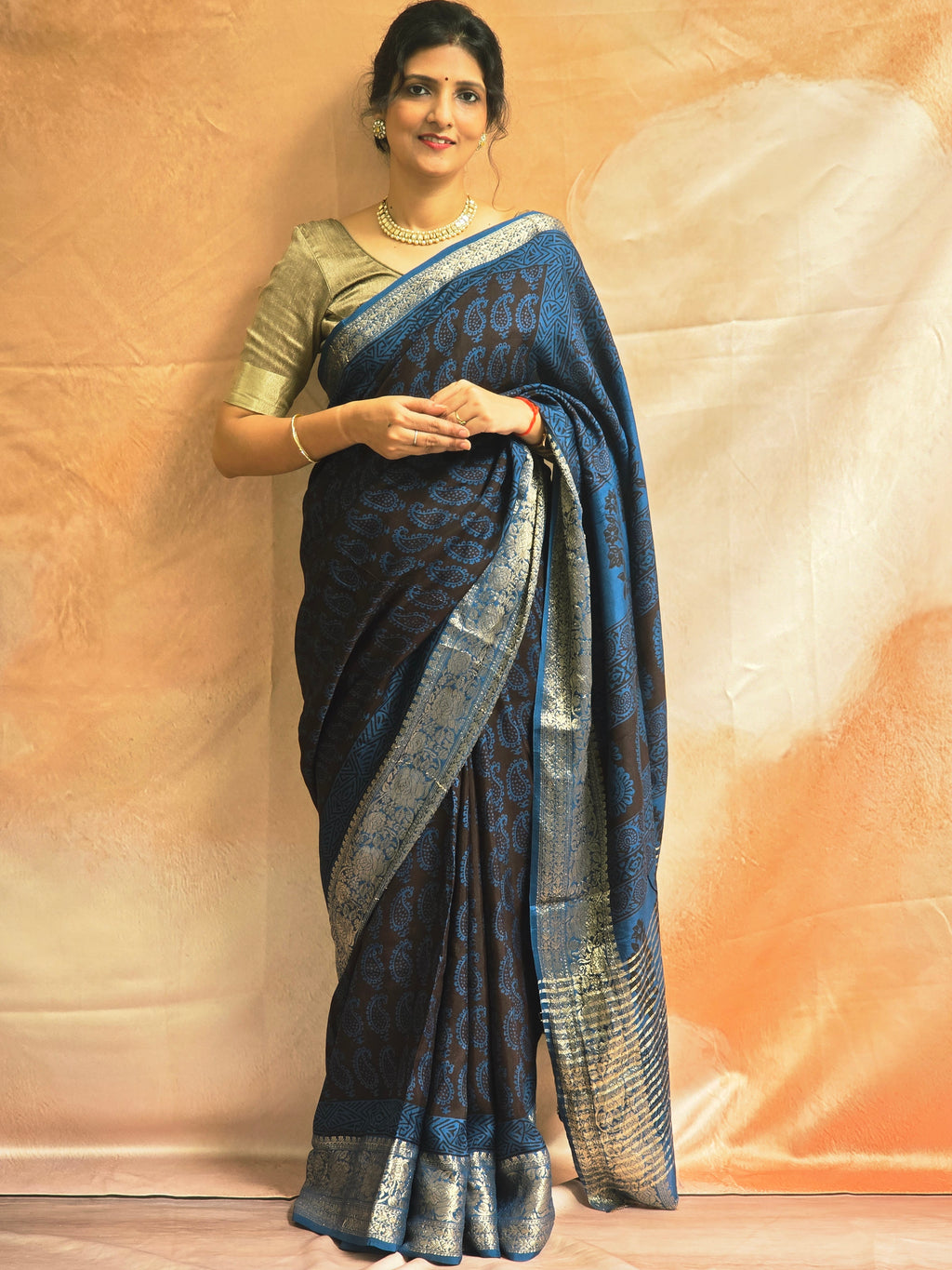 Bagh Hand Block Printed Dola Silk Saree | Blue Black