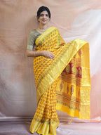 Bagh Hand Block Printed Dola Silk Saree | Yellow