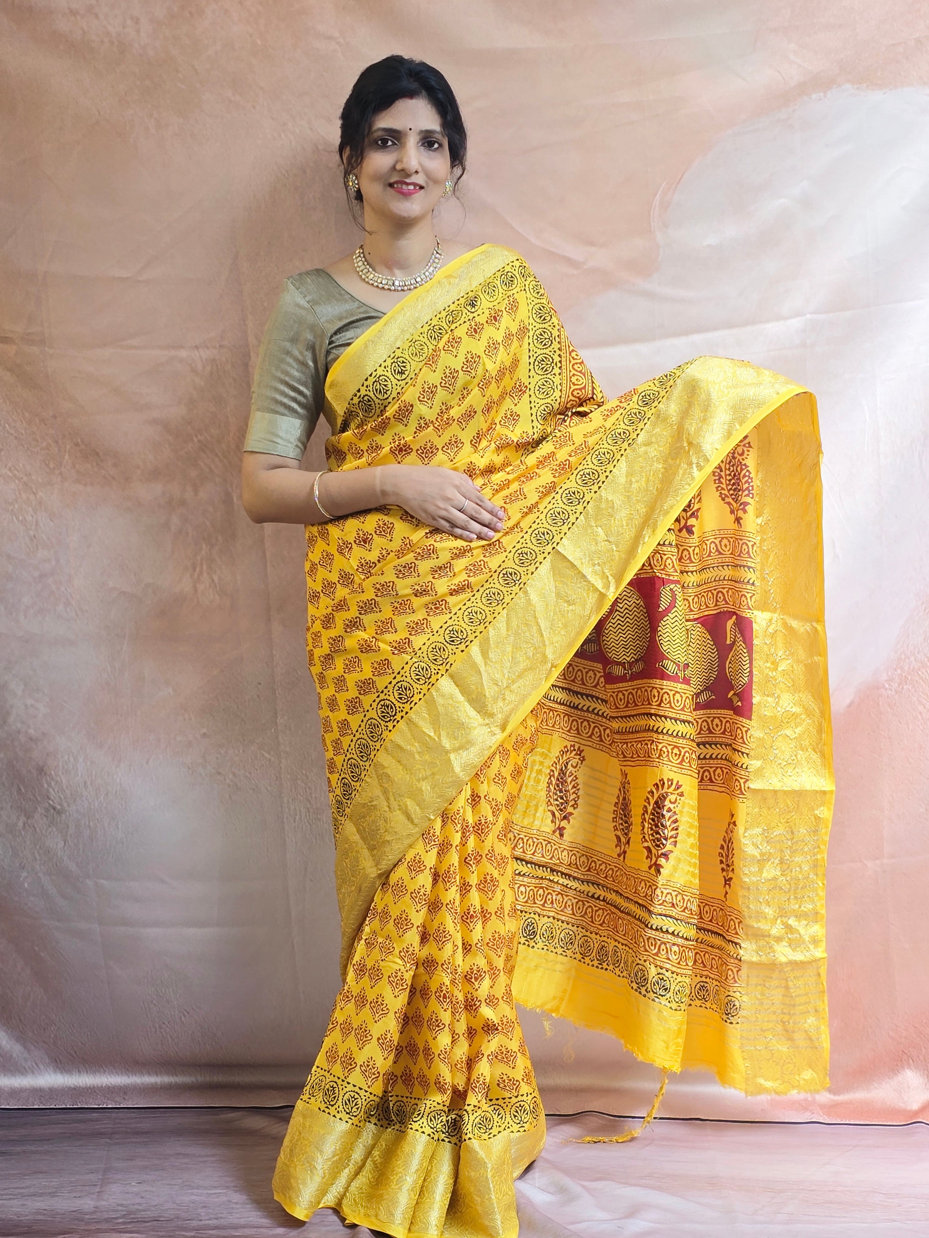 Bagh Hand Block Printed Dola Silk Saree | Yellow