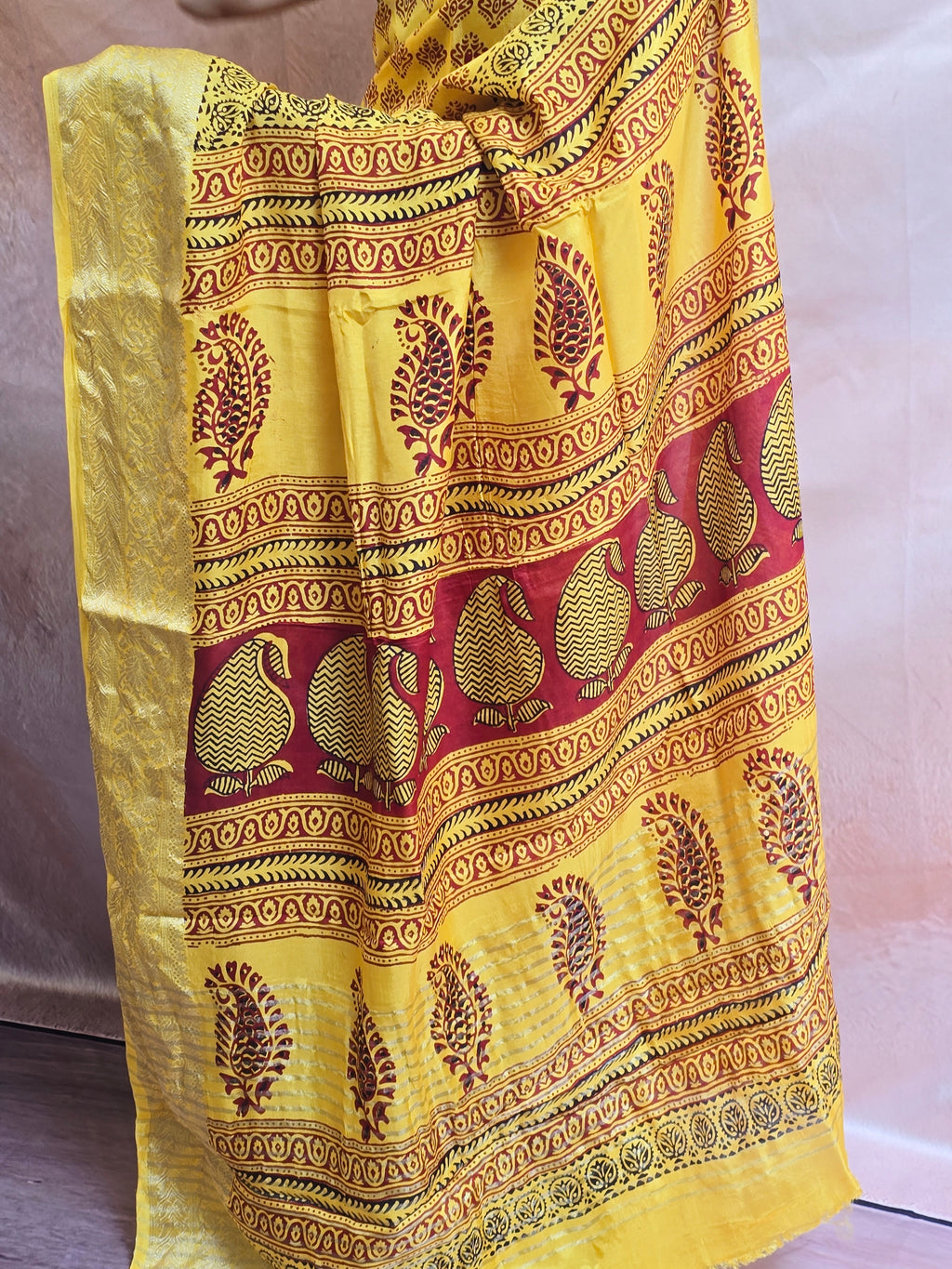 Bagh Hand Block Printed Dola Silk Saree | Yellow