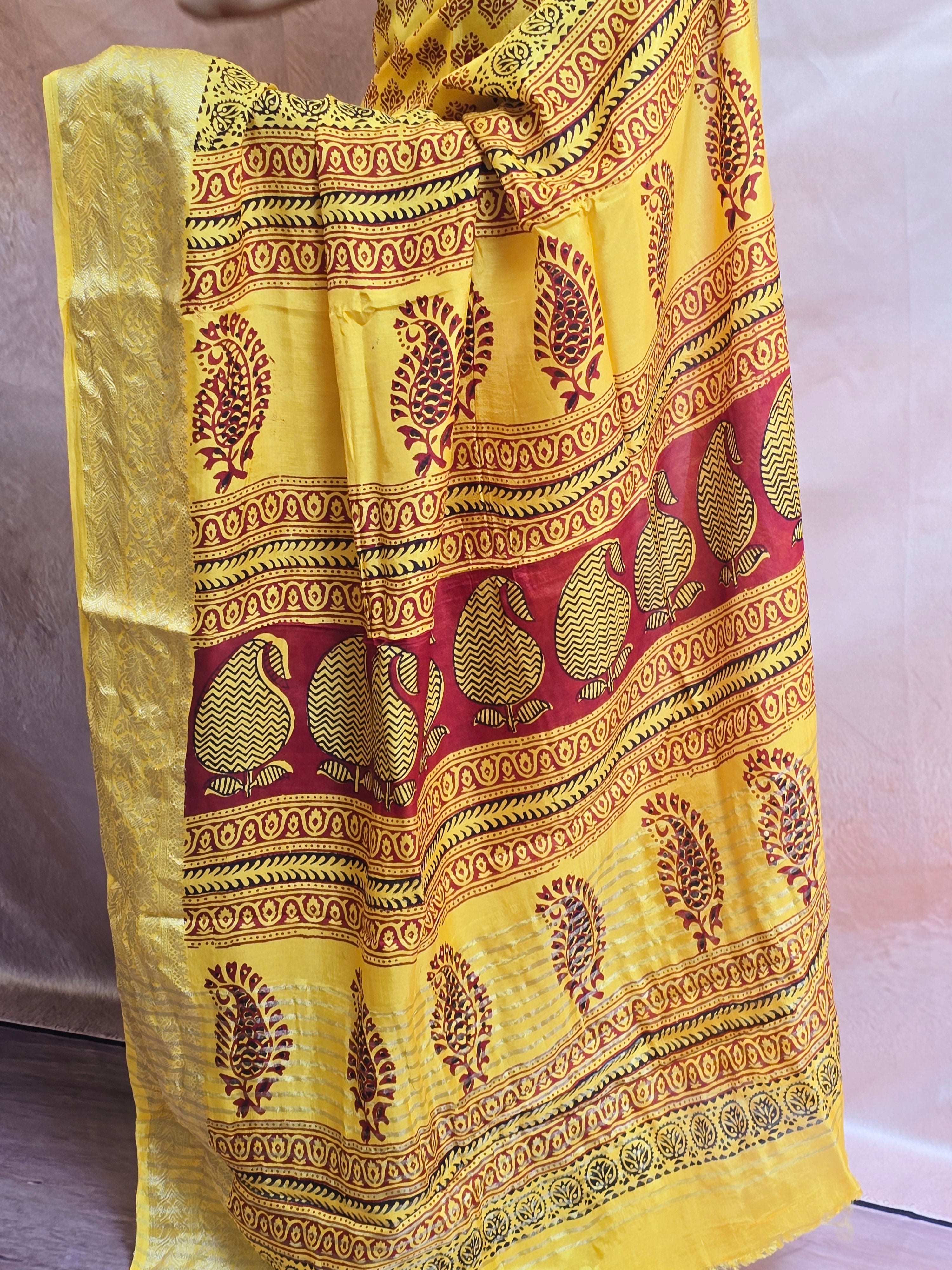 Bagh Hand Block Printed Dola Silk Saree | Yellow