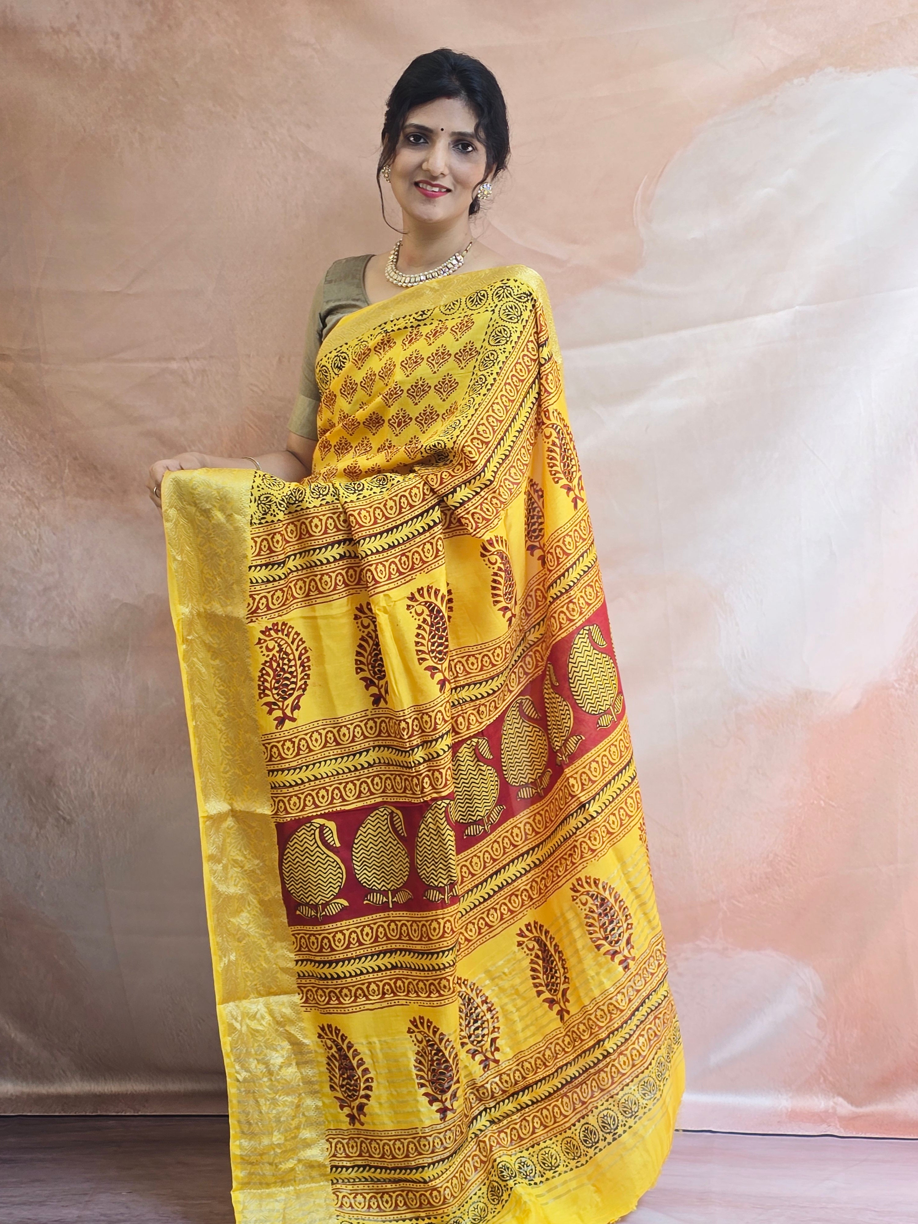 Bagh Hand Block Printed Dola Silk Saree | Yellow