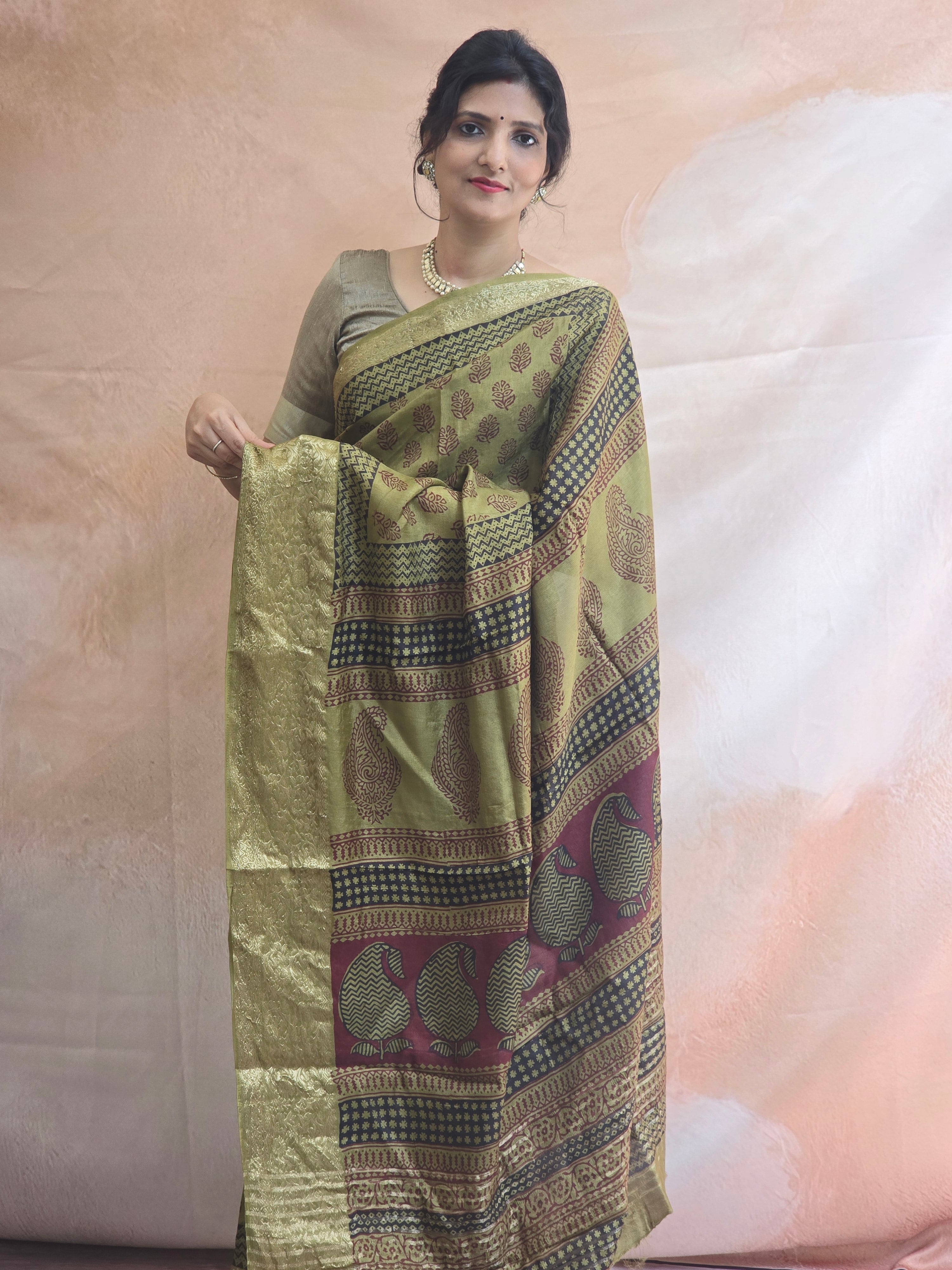 Bagh Hand Block Printed Dola Silk Saree | Mehandi Green