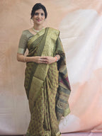 Bagh Hand Block Printed Dola Silk Saree | Mehandi Green