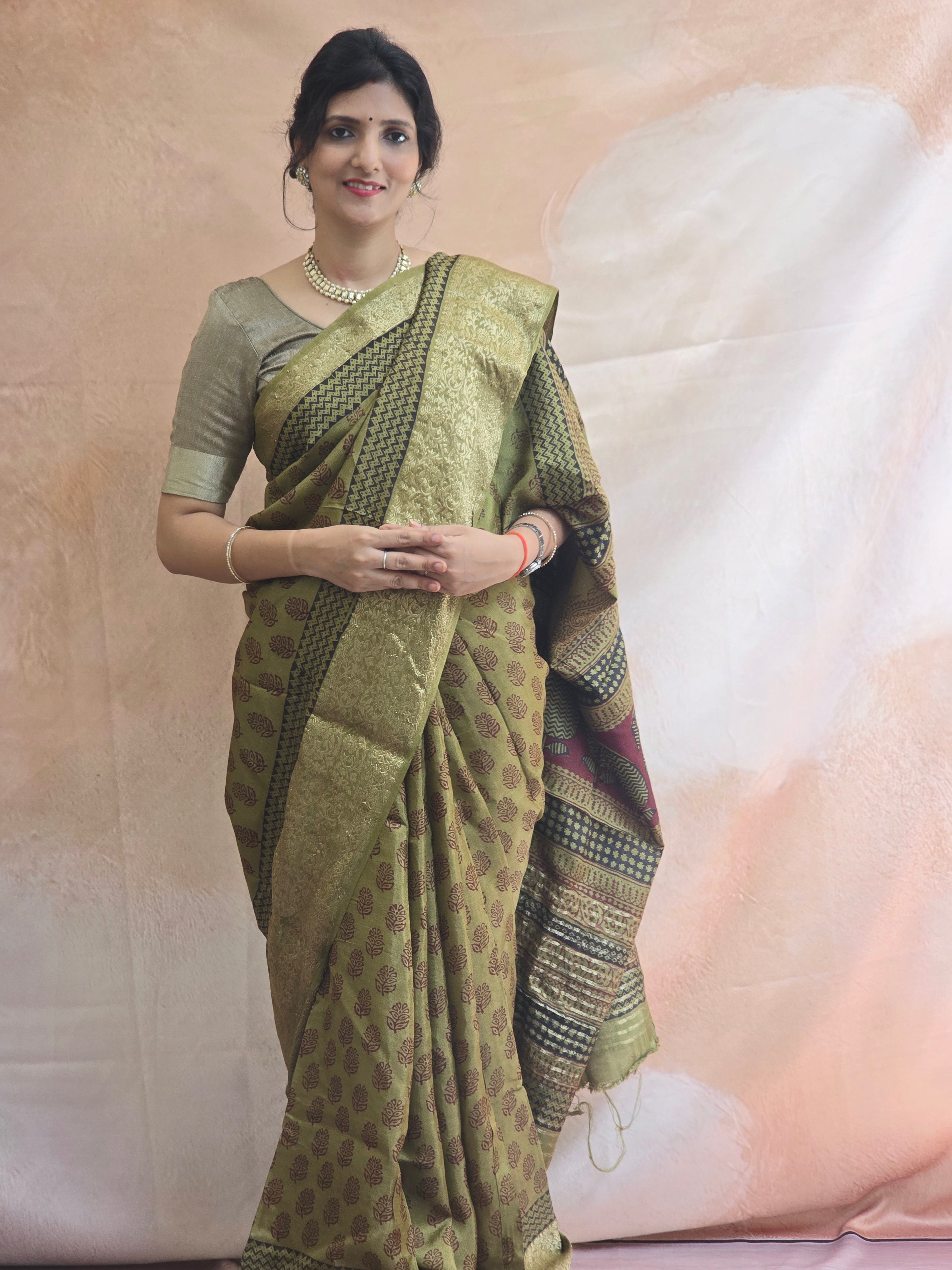 Bagh Hand Block Printed Dola Silk Saree | Mehandi Green