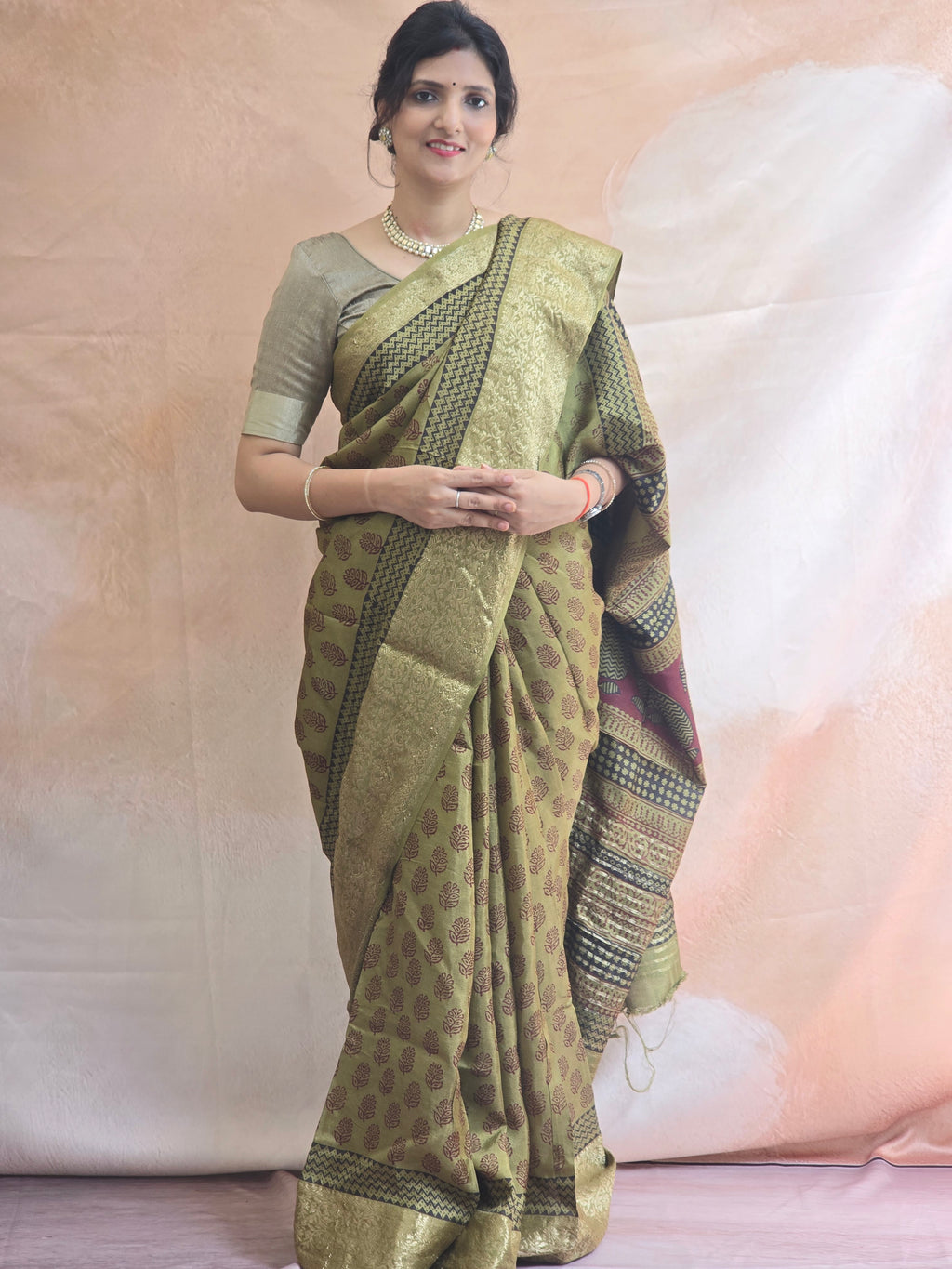 Bagh Hand Block Printed Dola Silk Saree | Mehandi Green
