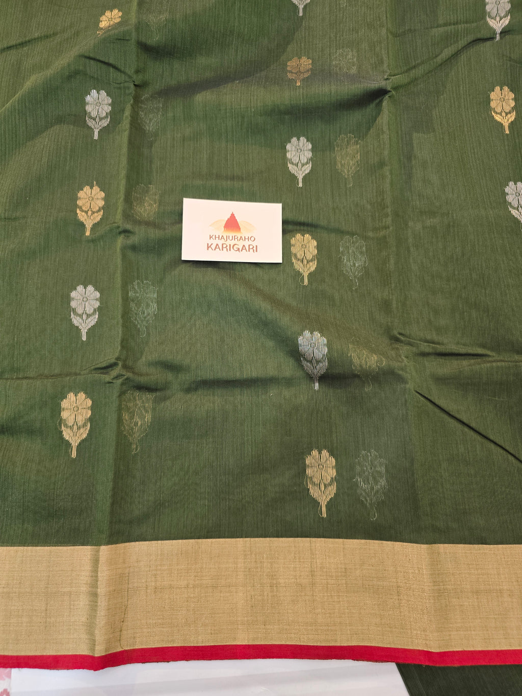 Pure Handwoven Chanderi Floral Motifs - Mehandi Green