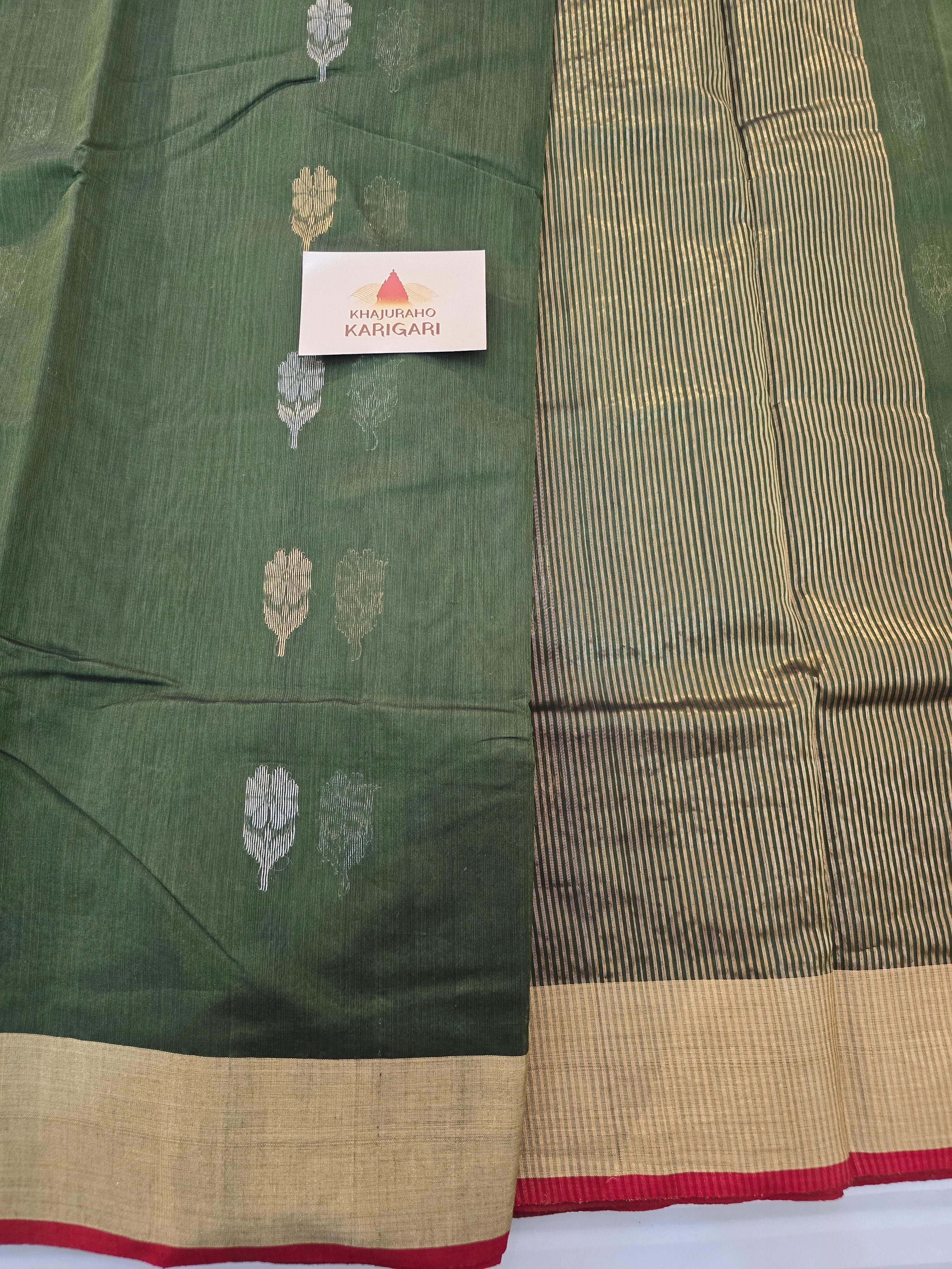 Pure Handwoven Chanderi Floral Motifs - Mehandi Green