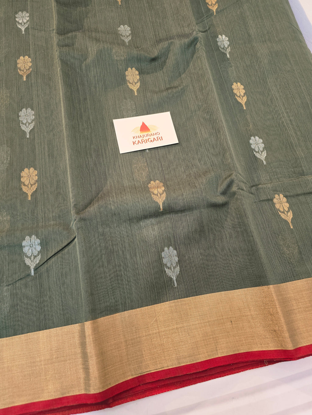 Pure Handwoven Chanderi Floral Motifs - Olive Green