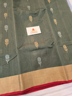 Pure Handwoven Chanderi Floral Motifs - Olive Green