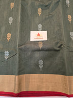 Pure Handwoven Chanderi Floral Motifs - Olive Green