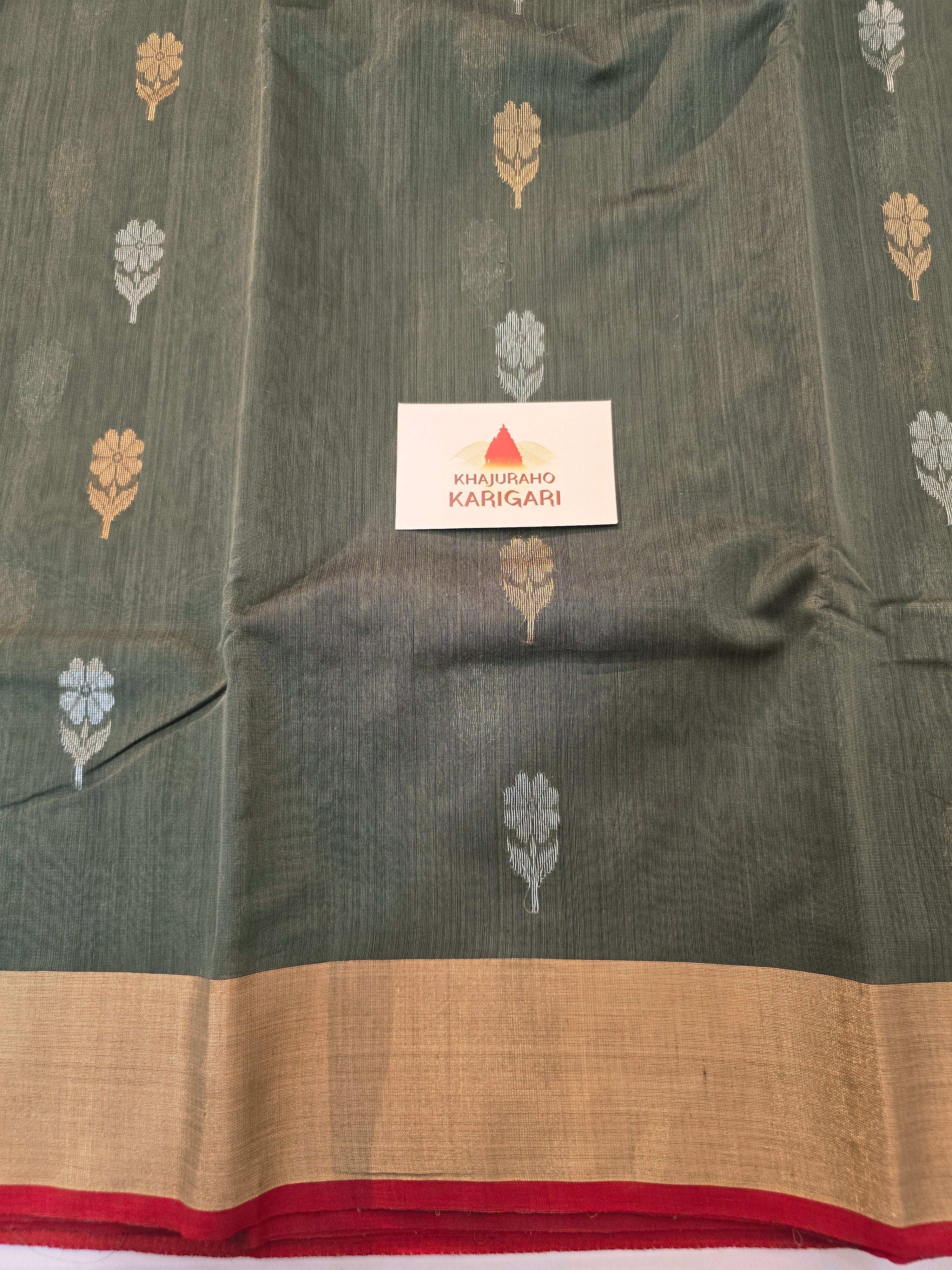 Pure Handwoven Chanderi Floral Motifs - Olive Green