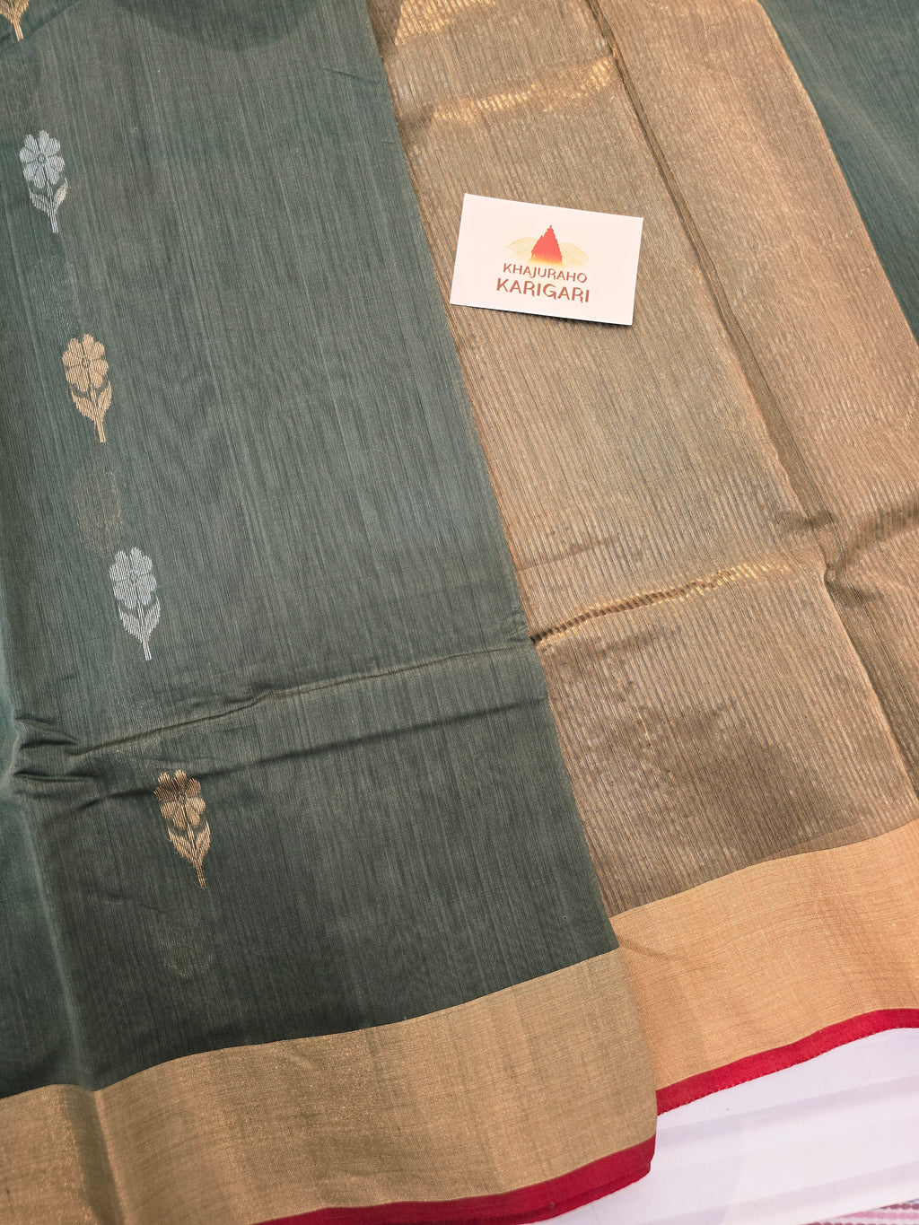 Pure Handwoven Chanderi Floral Motifs - Olive Green