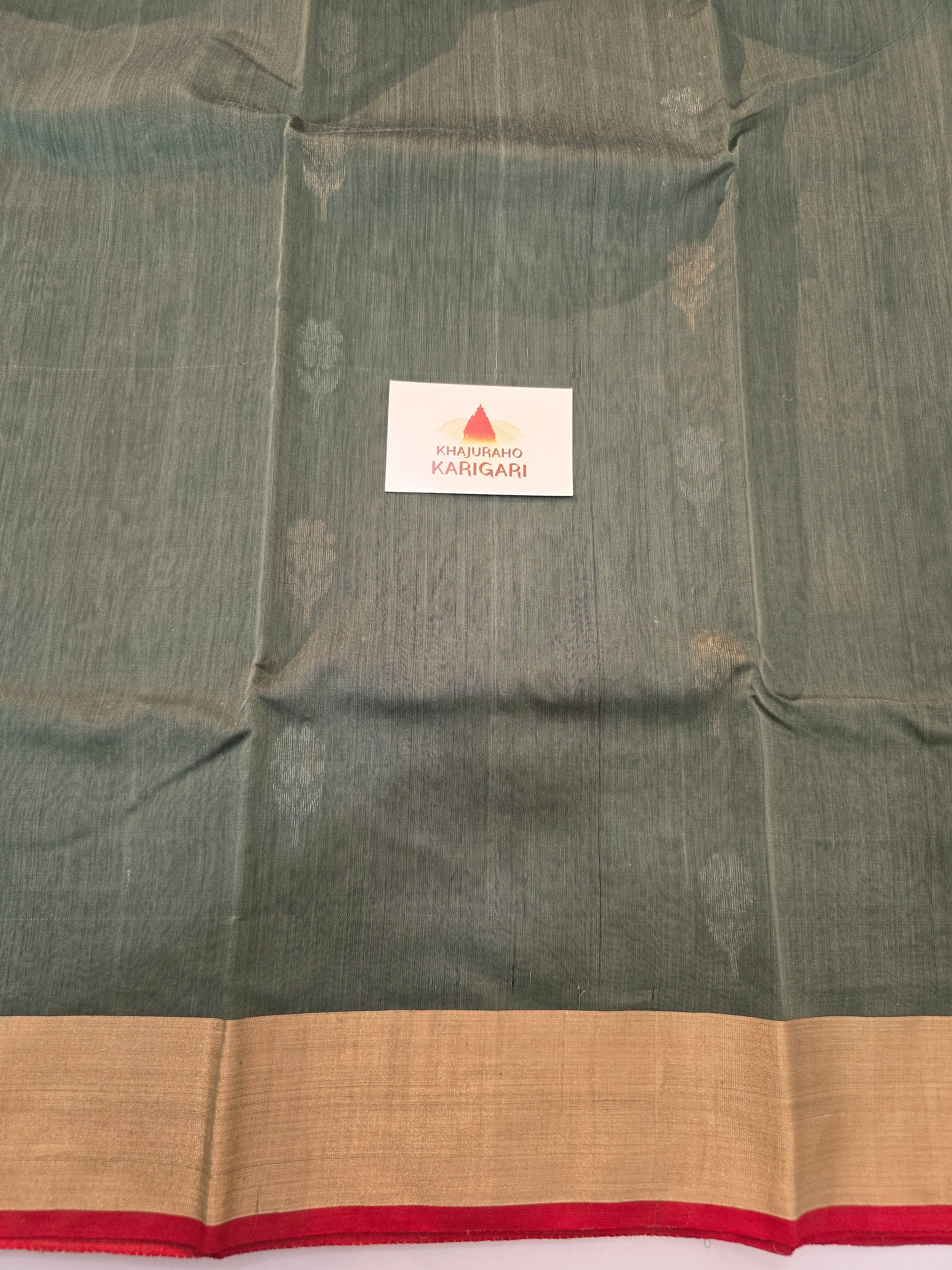 Pure Handwoven Chanderi Floral Motifs - Olive Green
