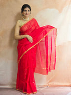 Pure Handwoven Chanderi Small Motifs Narrow Zari Border - Red