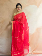 Pure Handwoven Chanderi Small Motifs Narrow Zari Border - Red