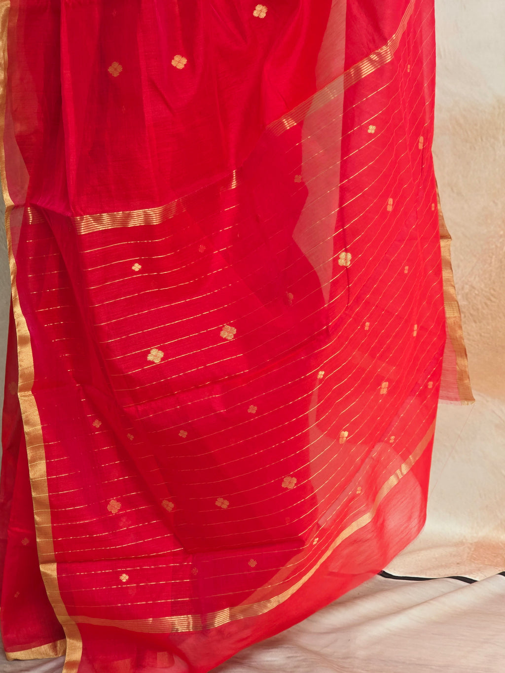 Pure Handwoven Chanderi Small Motifs Narrow Zari Border - Red
