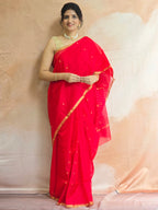 Pure Handwoven Chanderi Small Motifs Narrow Zari Border - Red