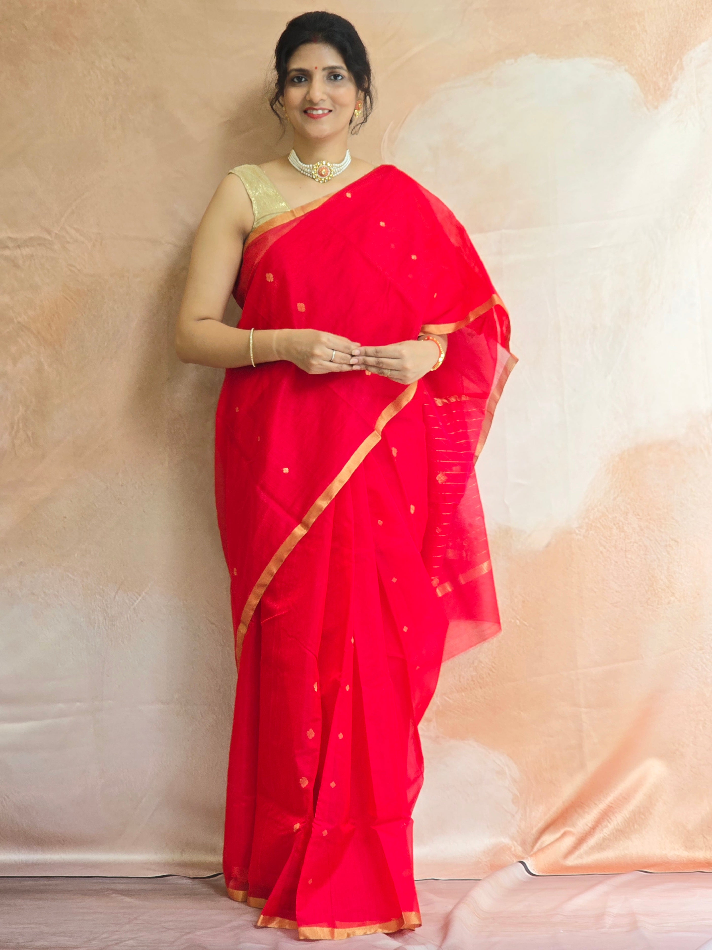 Pure Handwoven Chanderi Small Motifs Narrow Zari Border - Red
