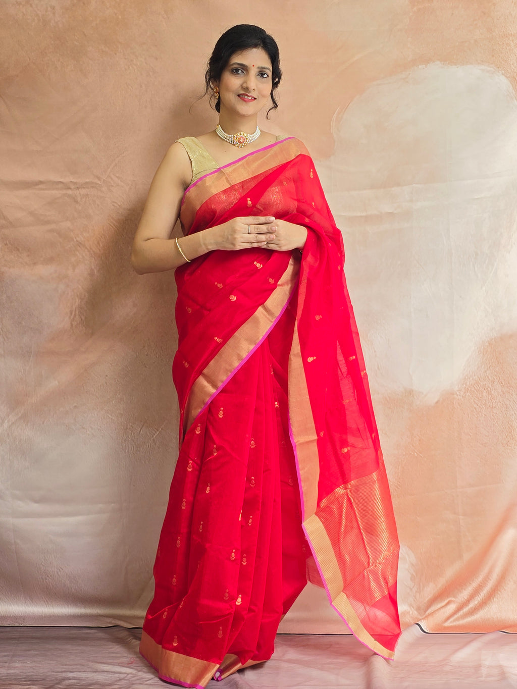 Pure Handwoven Chanderi Small Motifs - Red