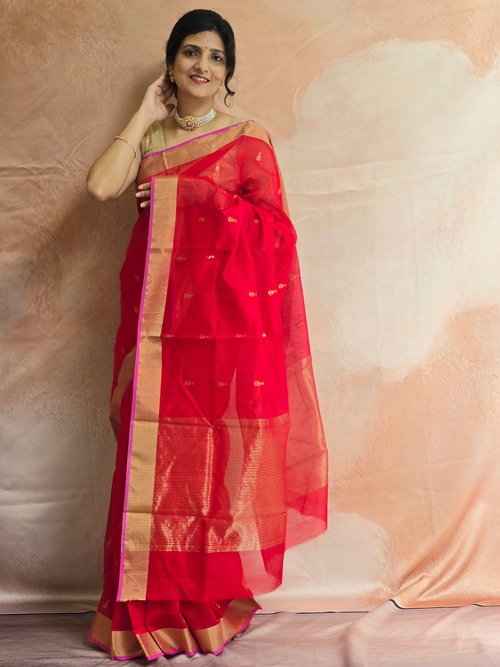 Pure Handwoven Chanderi Small Motifs - Red