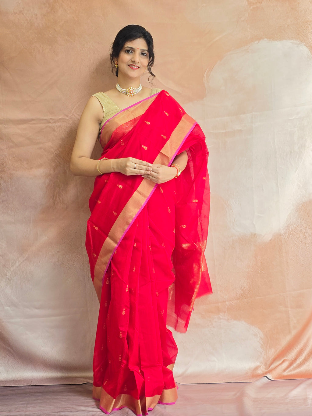 Pure Handwoven Chanderi Small Motifs - Red