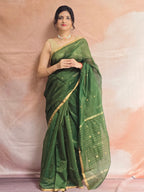 Pure Handwoven Chanderi Small Motifs Narrow Zari Border - Green