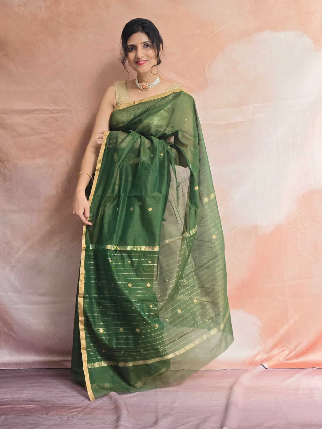Pure Handwoven Chanderi Small Motifs Narrow Zari Border - Green