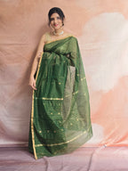 Pure Handwoven Chanderi Small Motifs Narrow Zari Border - Green
