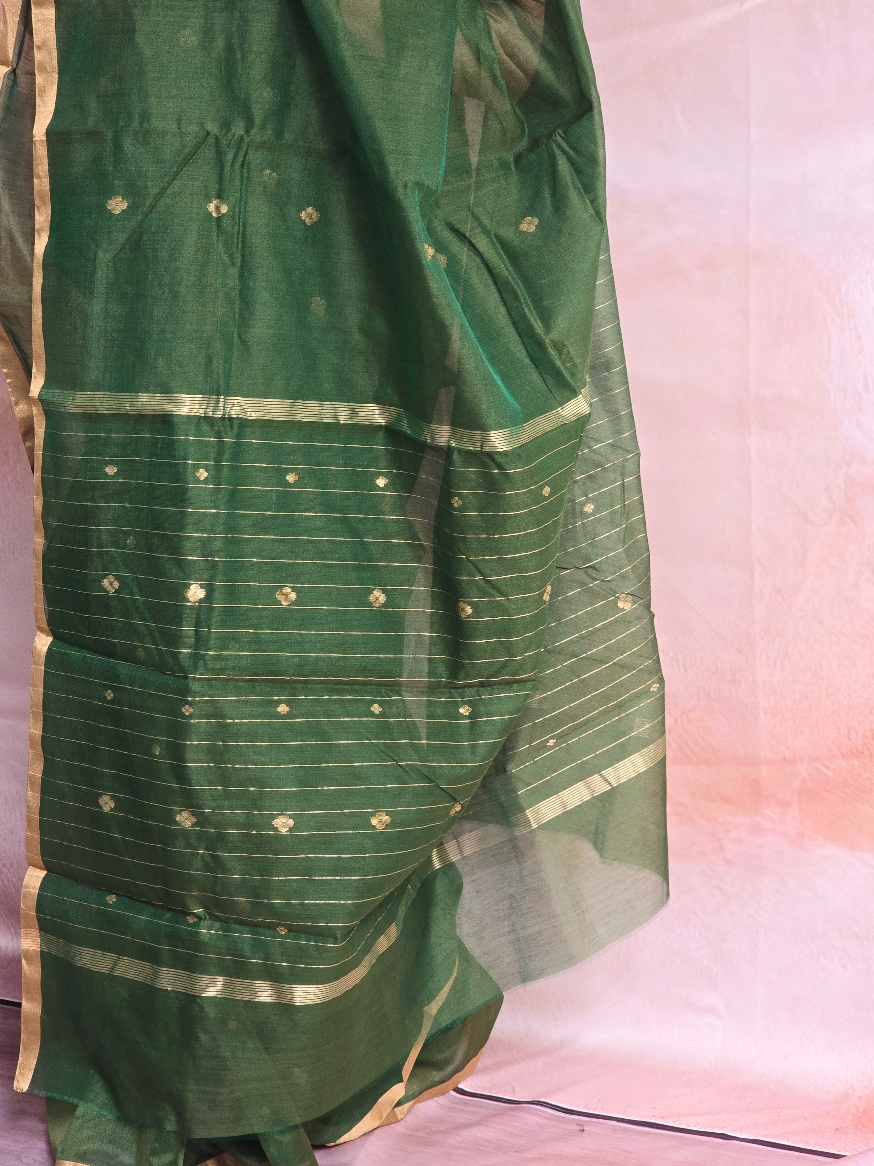 Pure Handwoven Chanderi Small Motifs Narrow Zari Border - Green