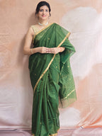 Pure Handwoven Chanderi Small Motifs Narrow Zari Border - Green