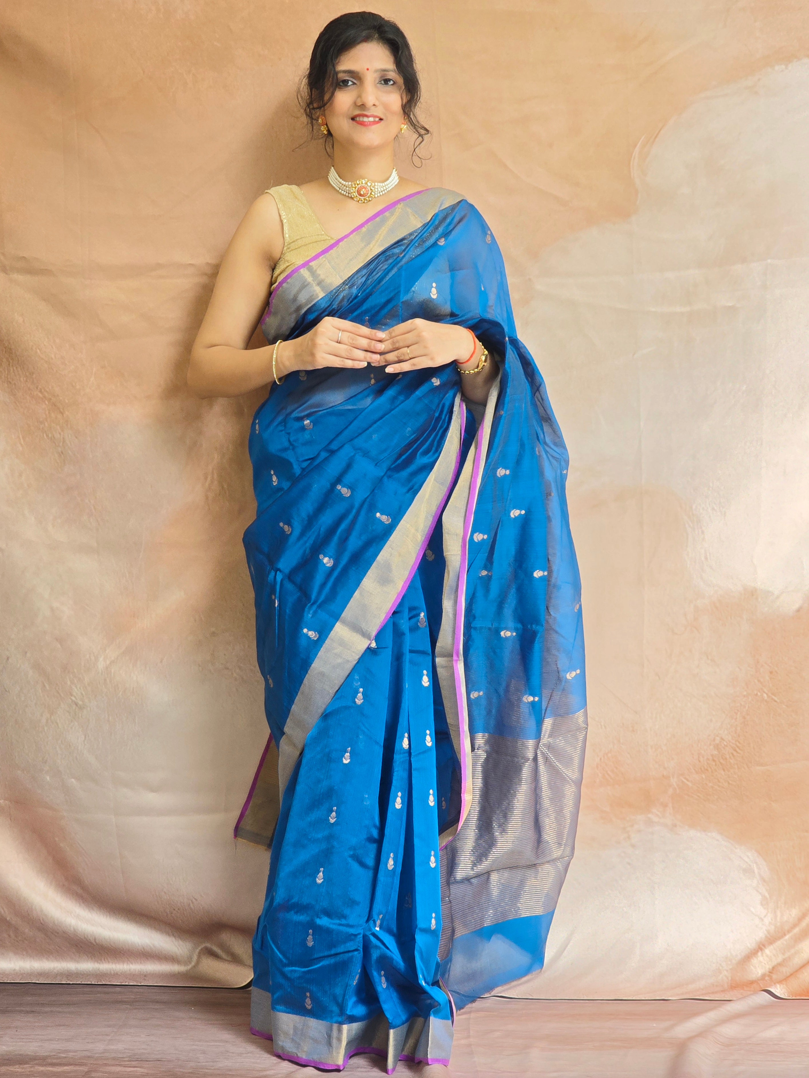 Pure Handwoven Chanderi Small Motifs - Blue