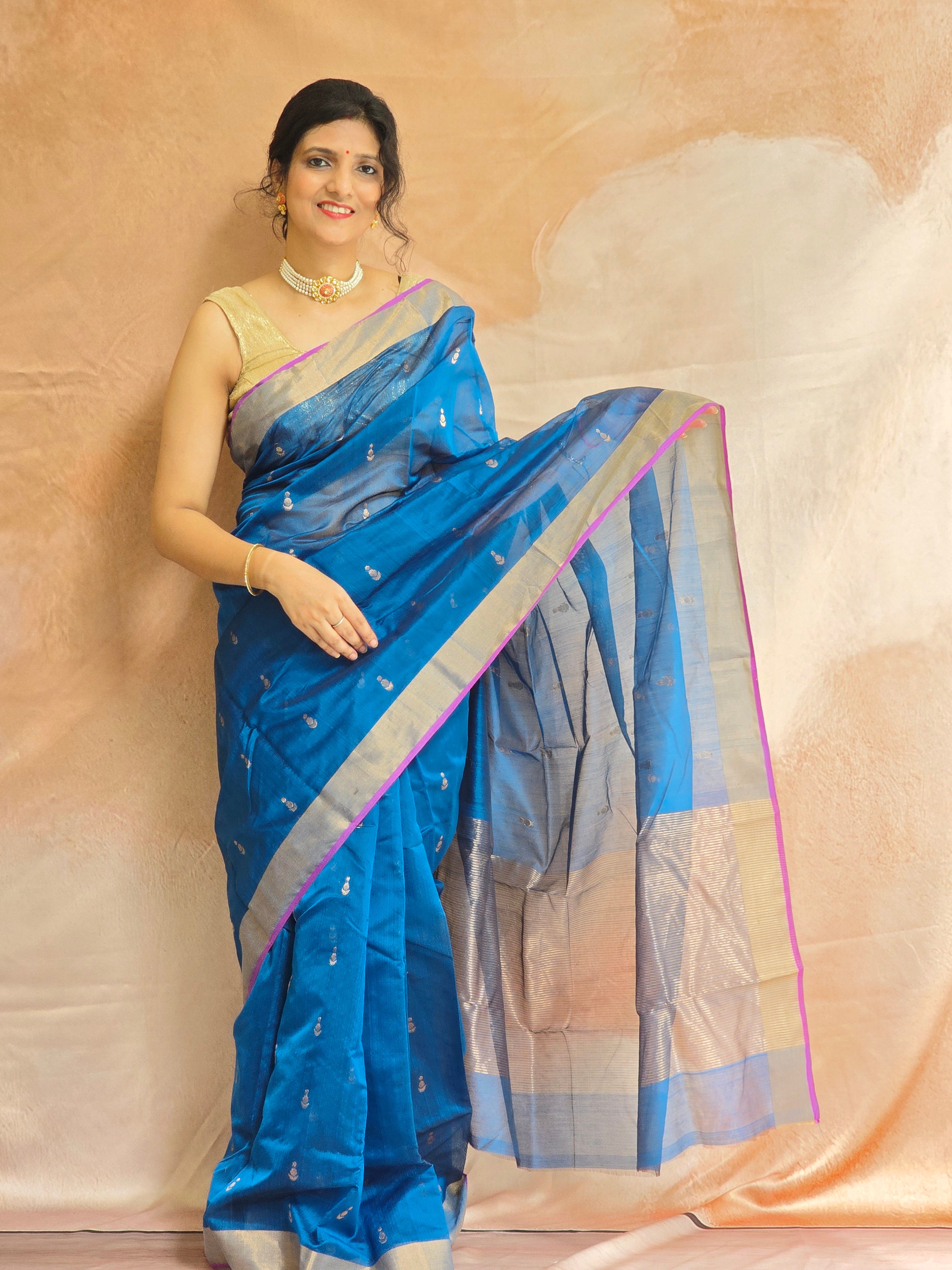 Pure Handwoven Chanderi Small Motifs - Blue