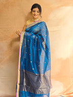 Pure Handwoven Chanderi Small Motifs - Blue