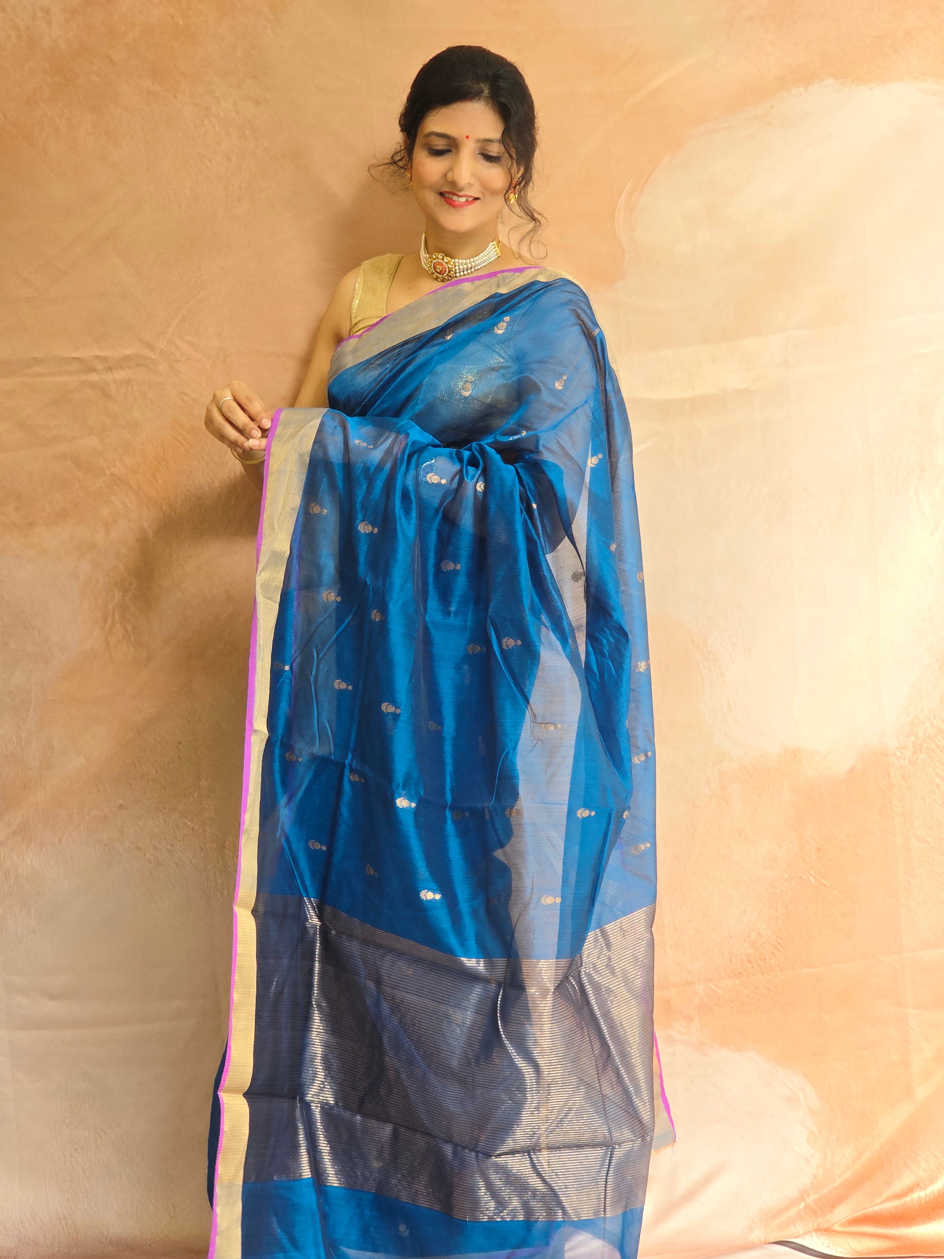 Pure Handwoven Chanderi Small Motifs - Blue