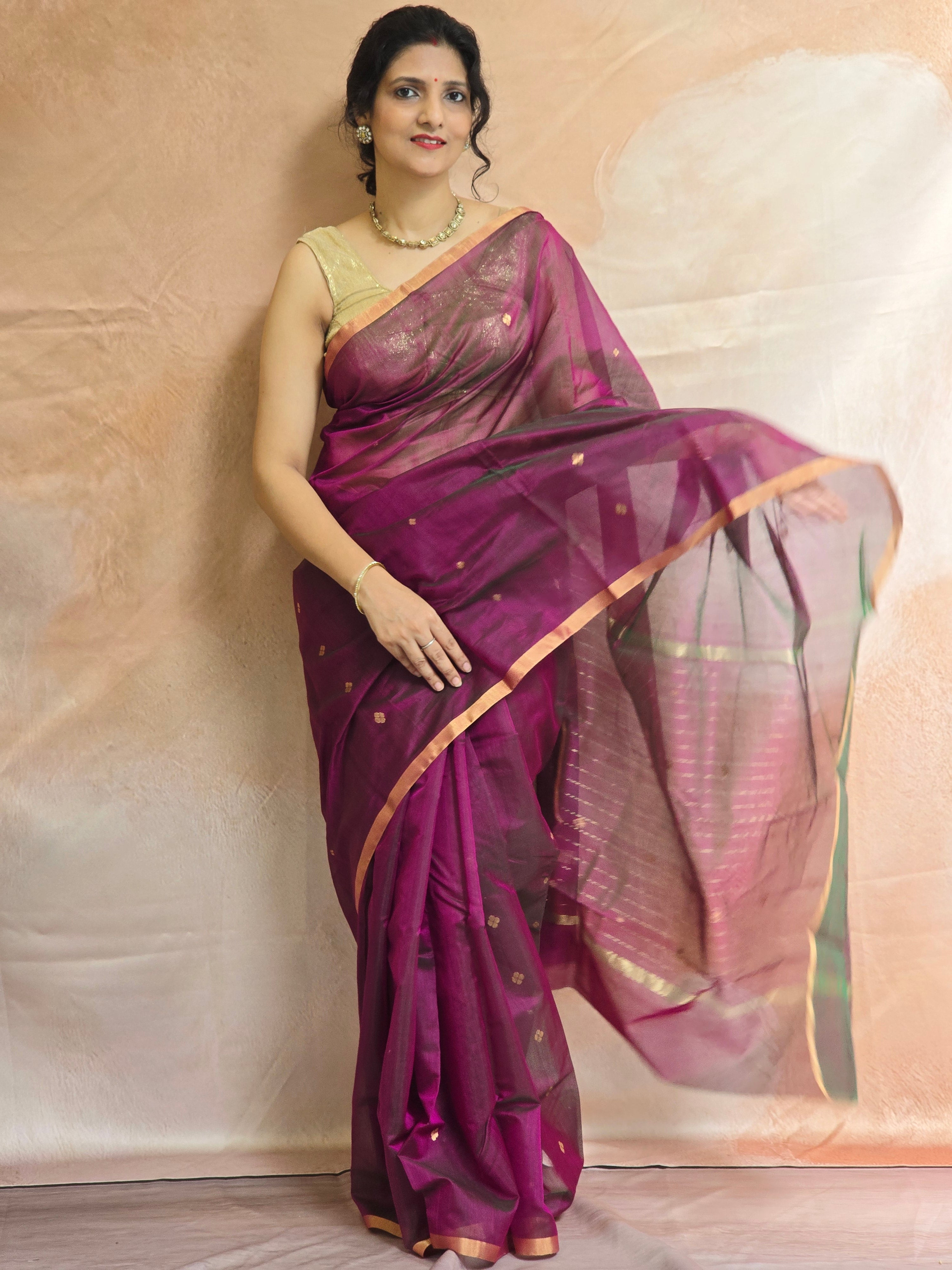 Pure Handloom Chanderi Silk Cotton Saree Narrow zari border Small Motifs - Purple